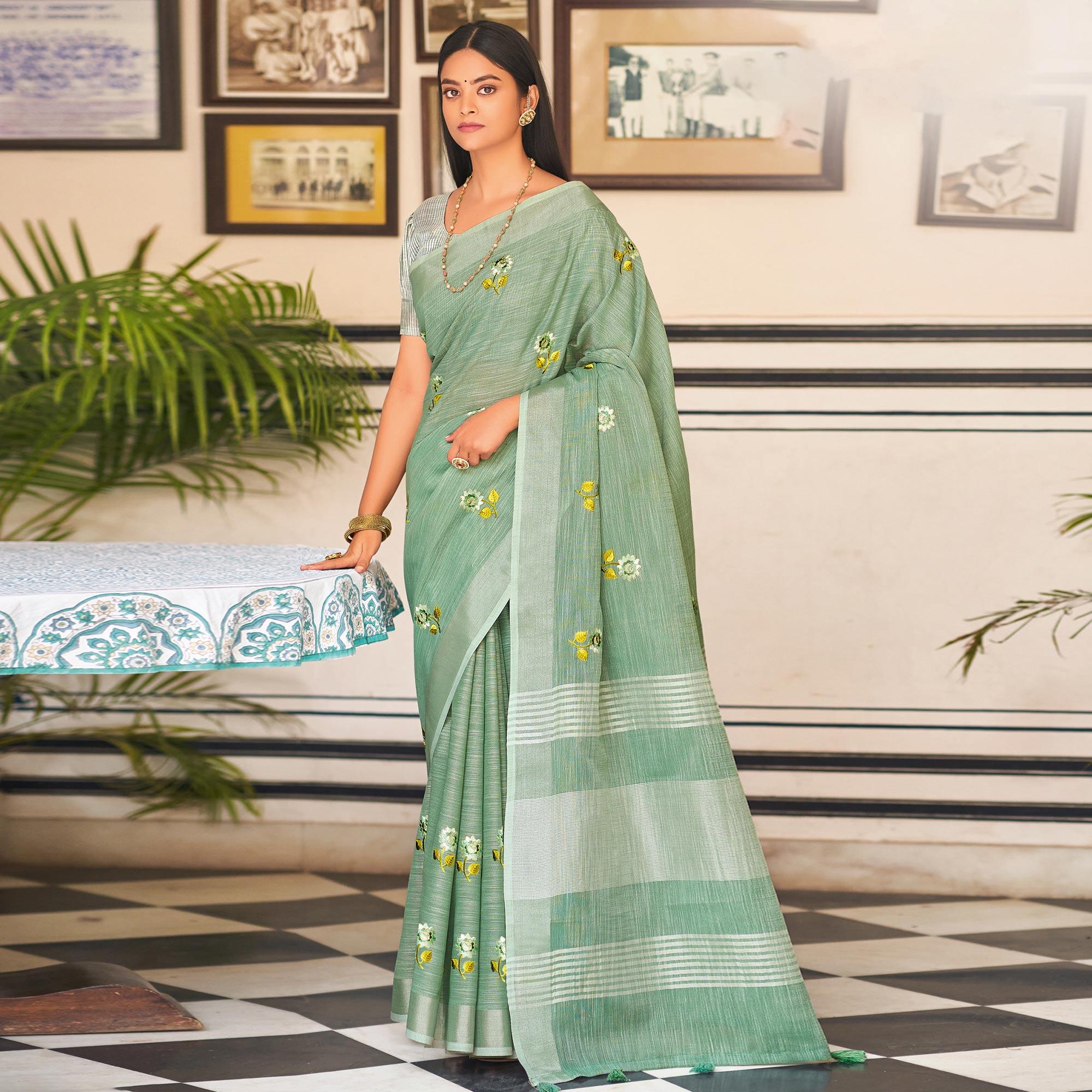 Green Festive Wear Embroidered Linen Saree - Peachmode