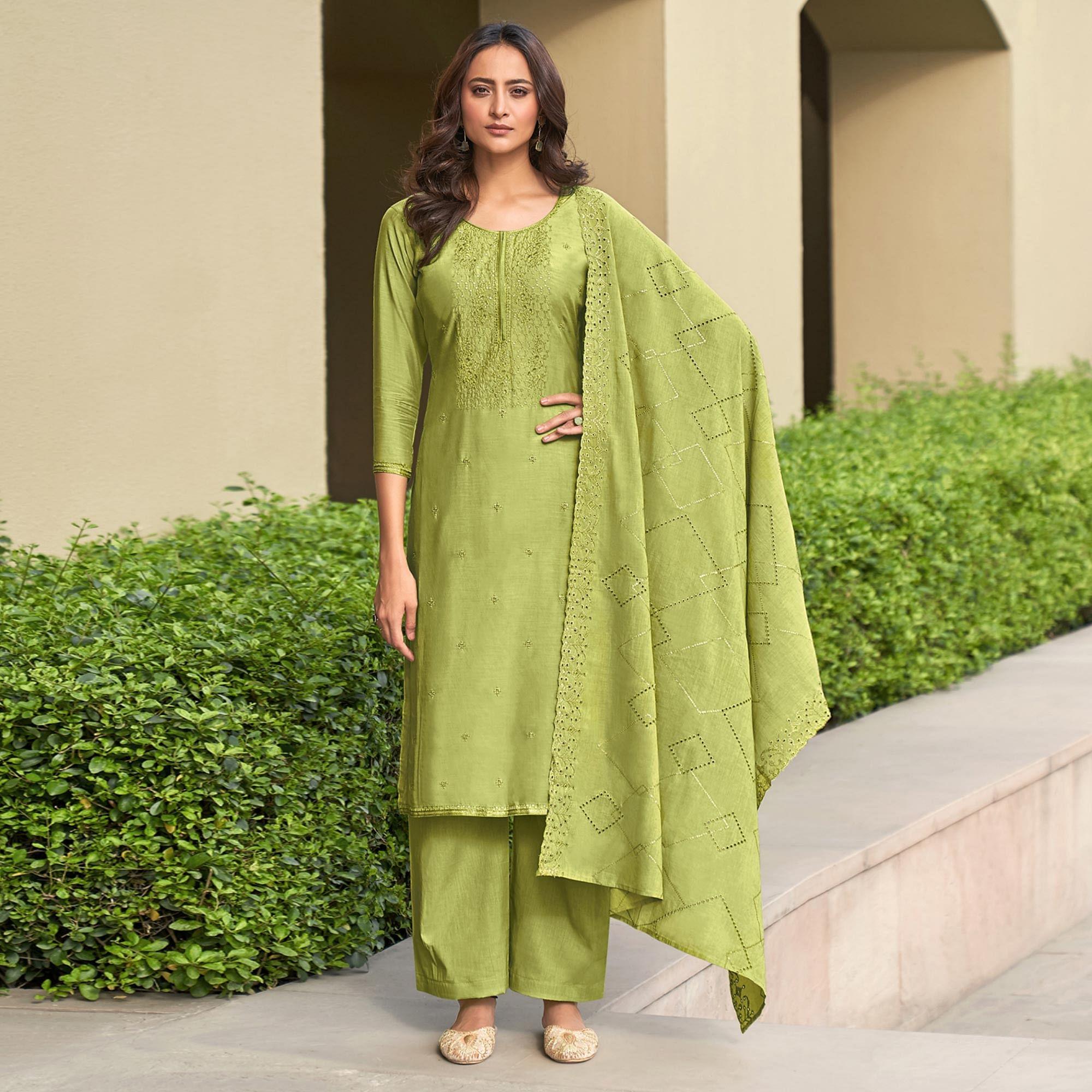 Green Festive Wear Embroidered Muslin Palazzo Suit - Peachmode