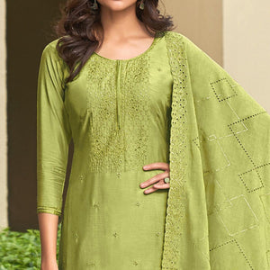 Green Festive Wear Embroidered Muslin Palazzo Suit - Peachmode