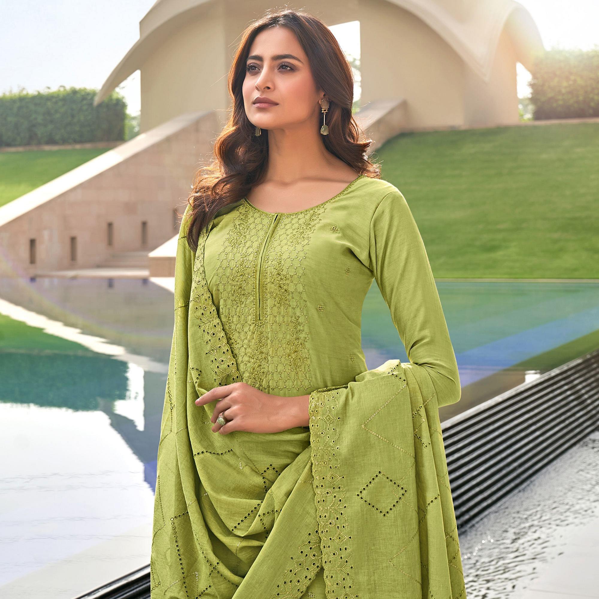 Green Festive Wear Embroidered Muslin Palazzo Suit - Peachmode
