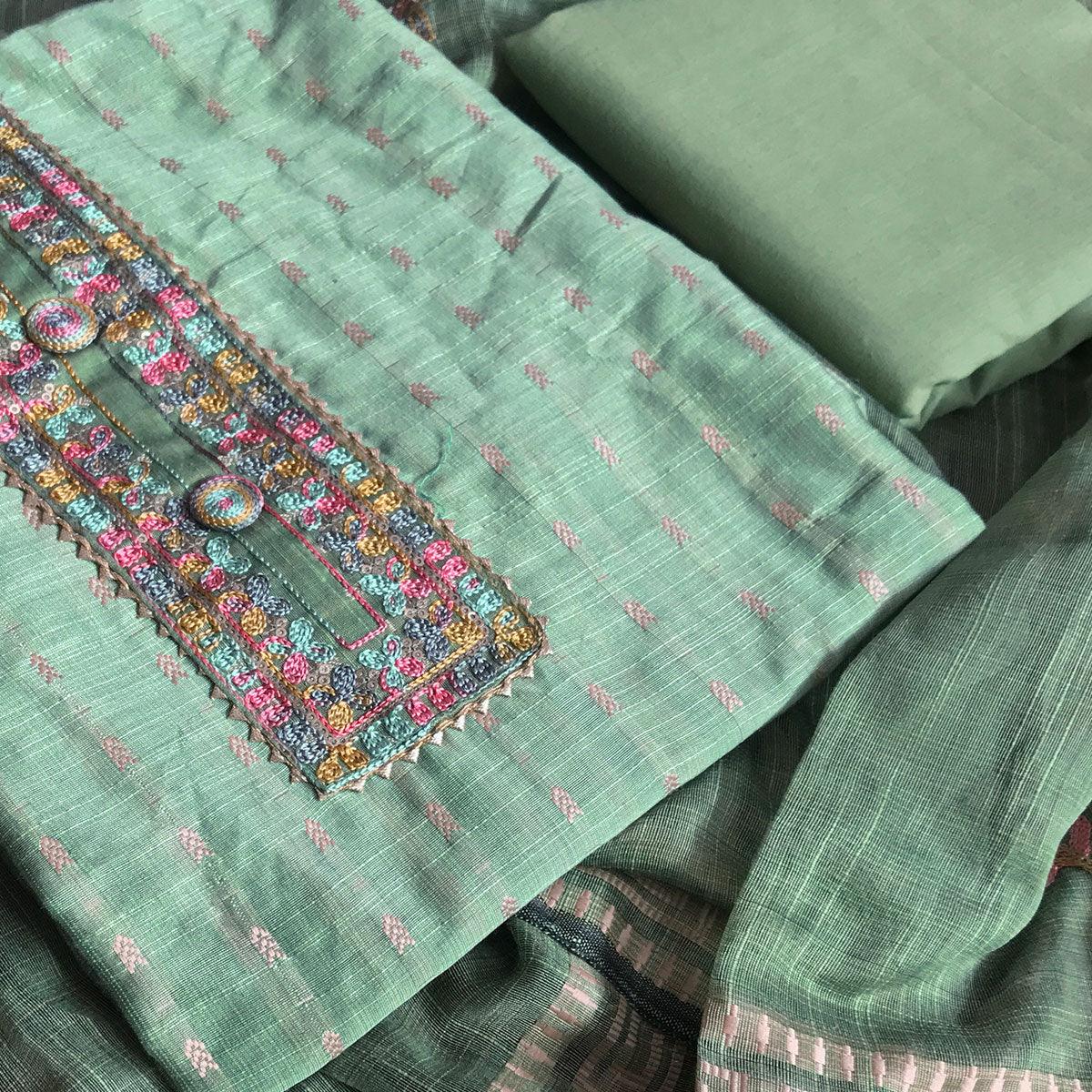 Green Festive Wear Embroidered Silk Cotton Dress Material - Peachmode