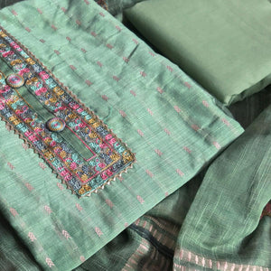 Green Festive Wear Embroidered Silk Cotton Dress Material - Peachmode