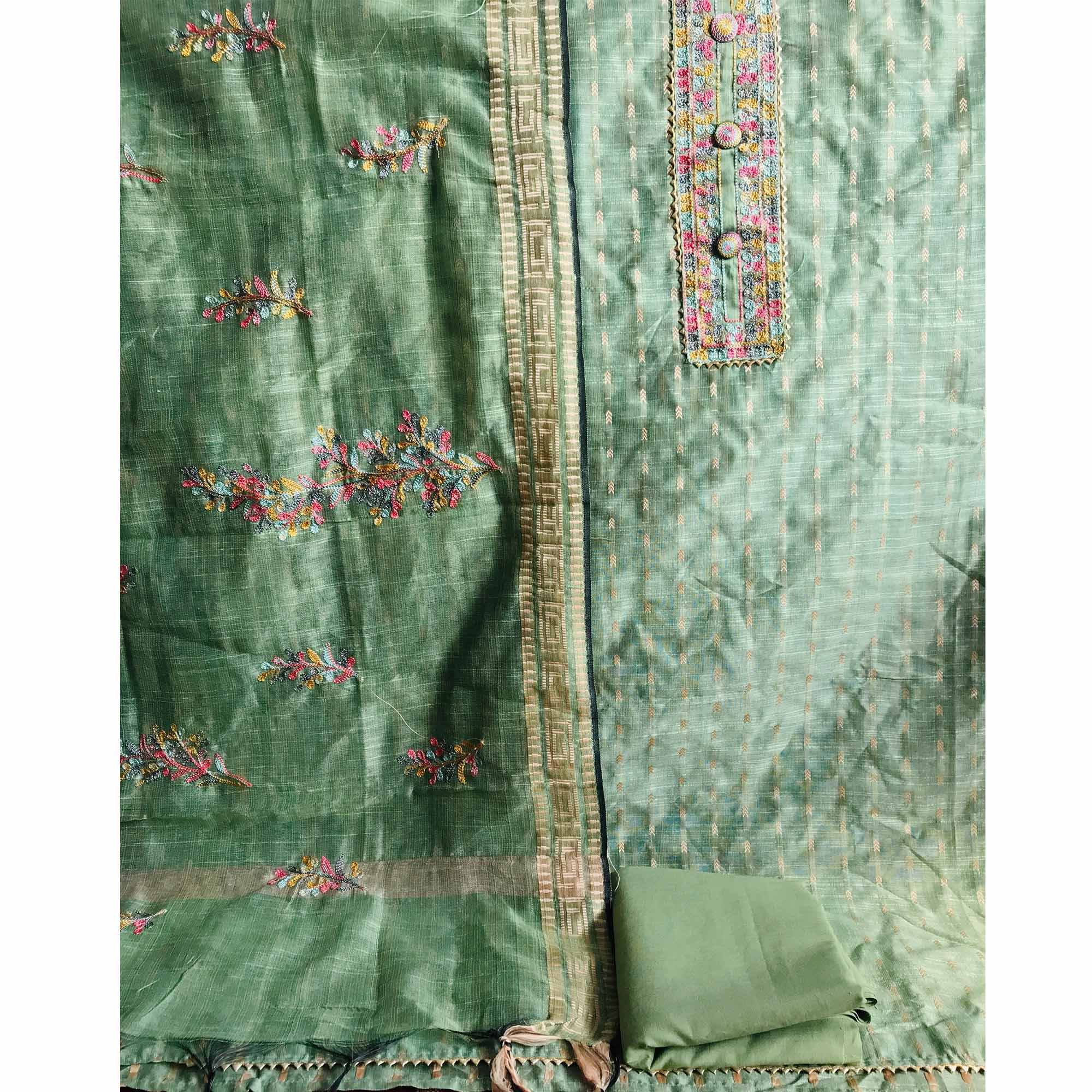 Green Festive Wear Embroidered Silk Cotton Dress Material - Peachmode