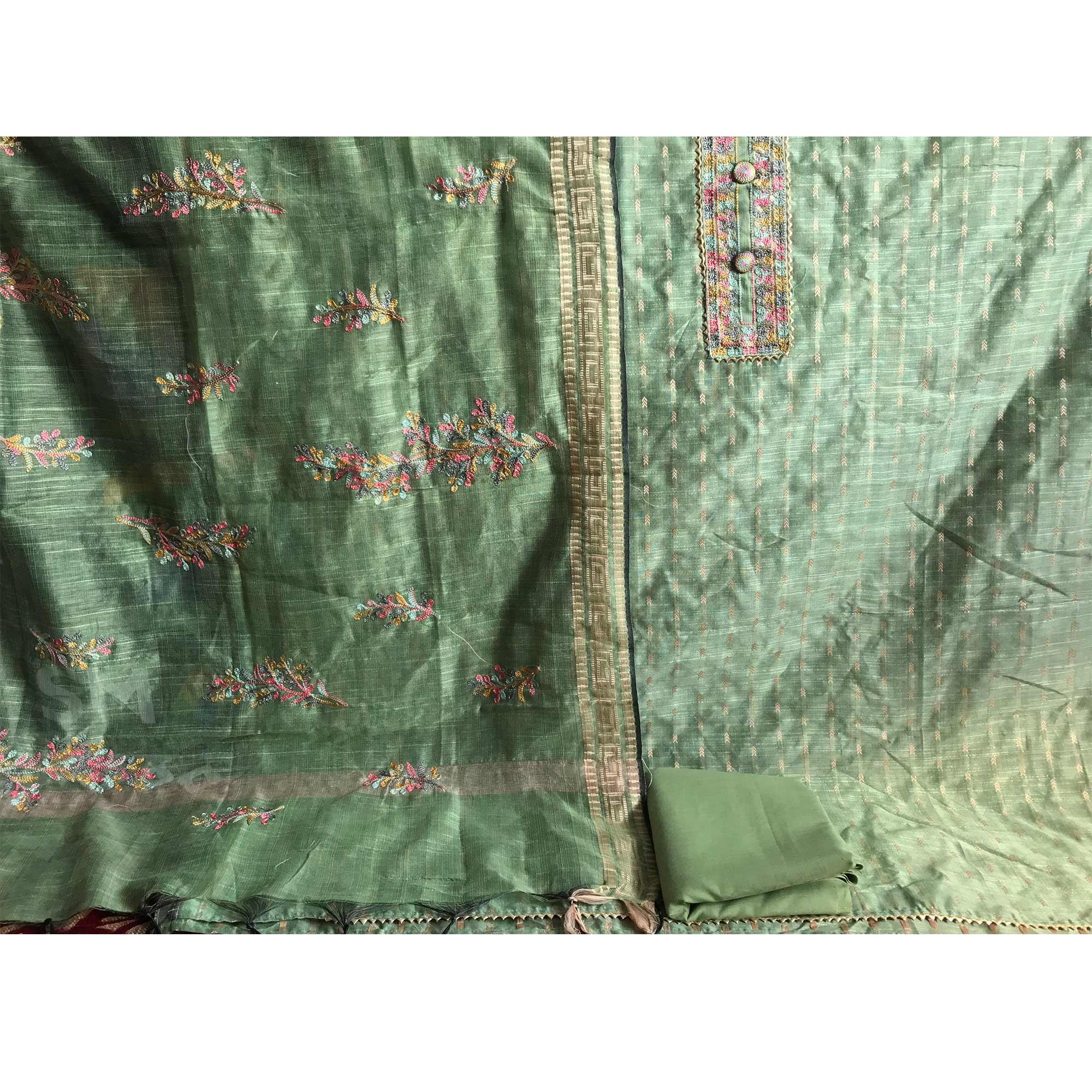 Green Festive Wear Embroidered Silk Cotton Dress Material - Peachmode