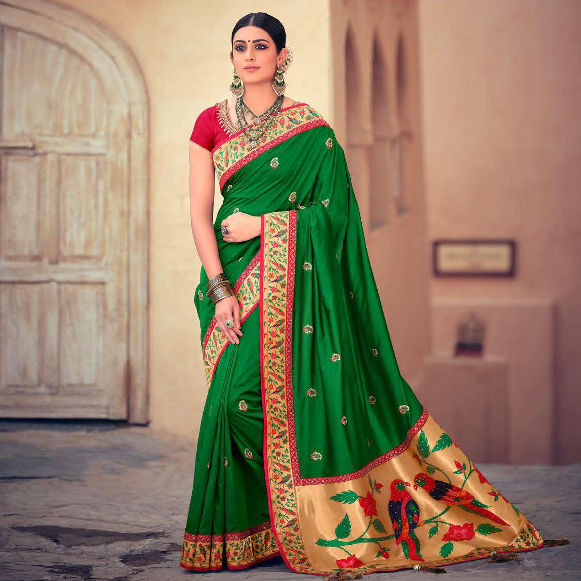 Green Festive Wear Embroidered Silk Paithani Saree - Peachmode