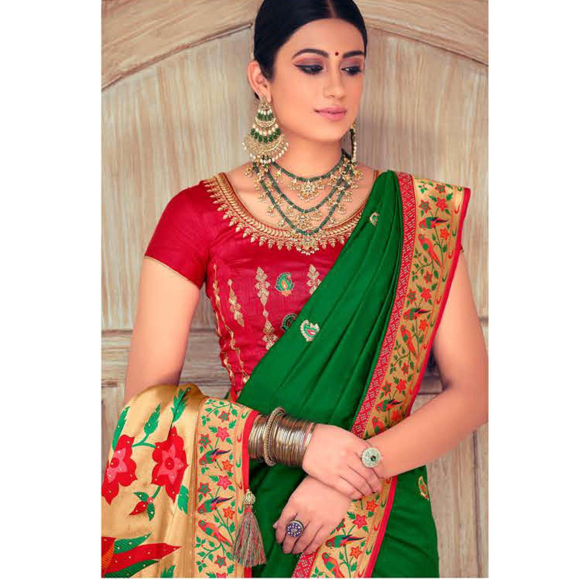 Green Festive Wear Embroidered Silk Paithani Saree - Peachmode