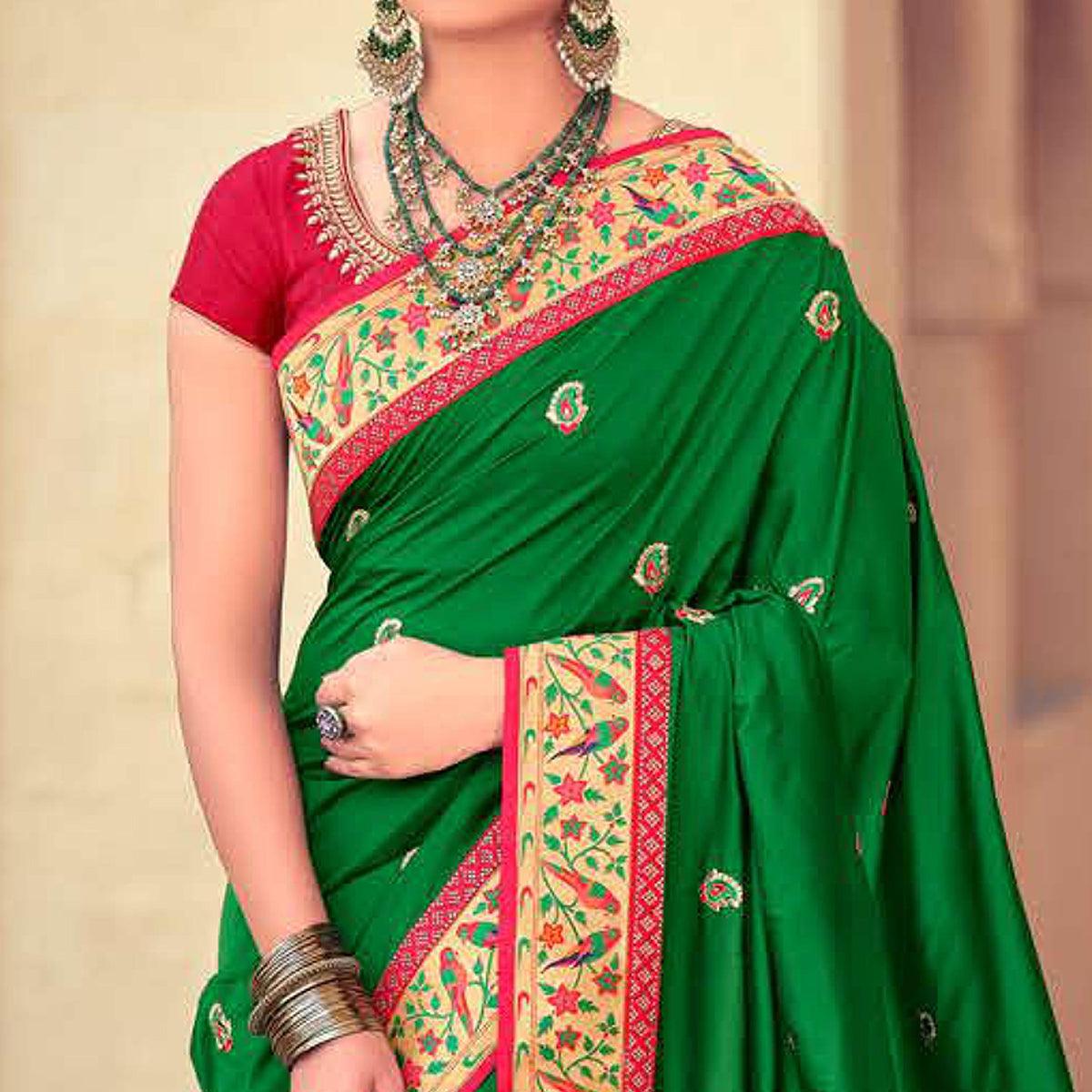 Green Festive Wear Embroidered Silk Paithani Saree - Peachmode