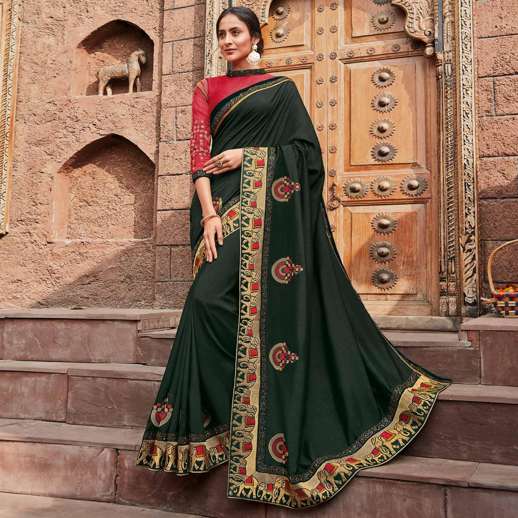 Green Festive Wear Embroidered Silk Saree - Peachmode