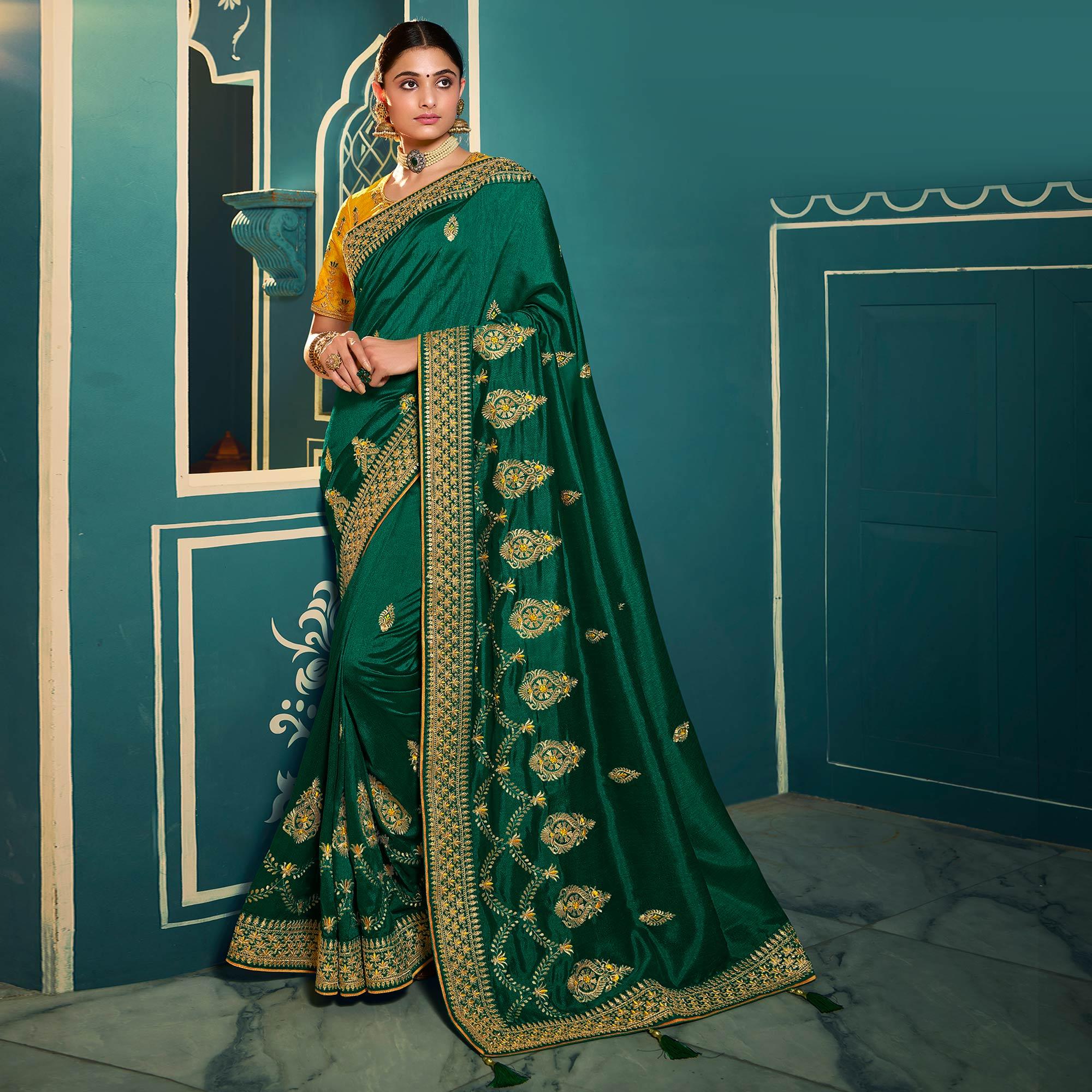 Green Festive Wear Embroidered Silk Saree - Peachmode