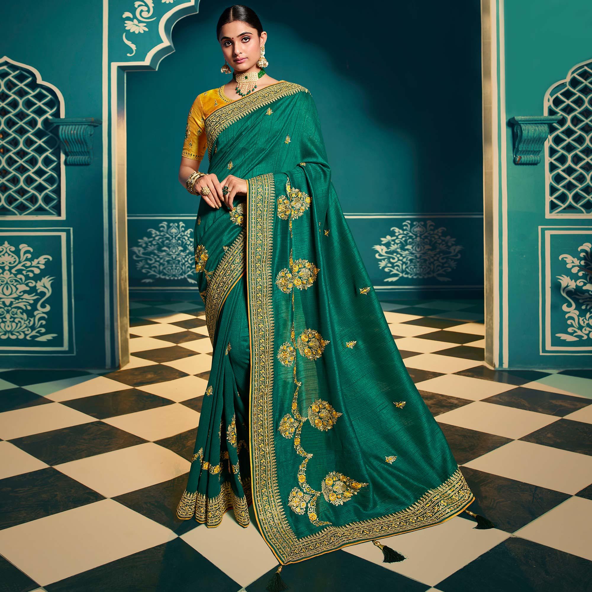 Green Festive Wear Embroidered Silk Saree - Peachmode