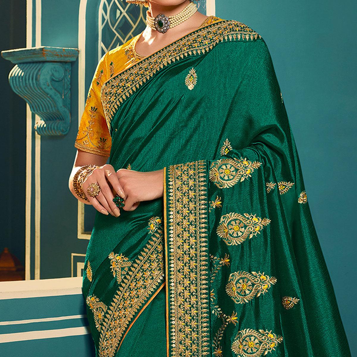 Green Festive Wear Embroidered Silk Saree - Peachmode