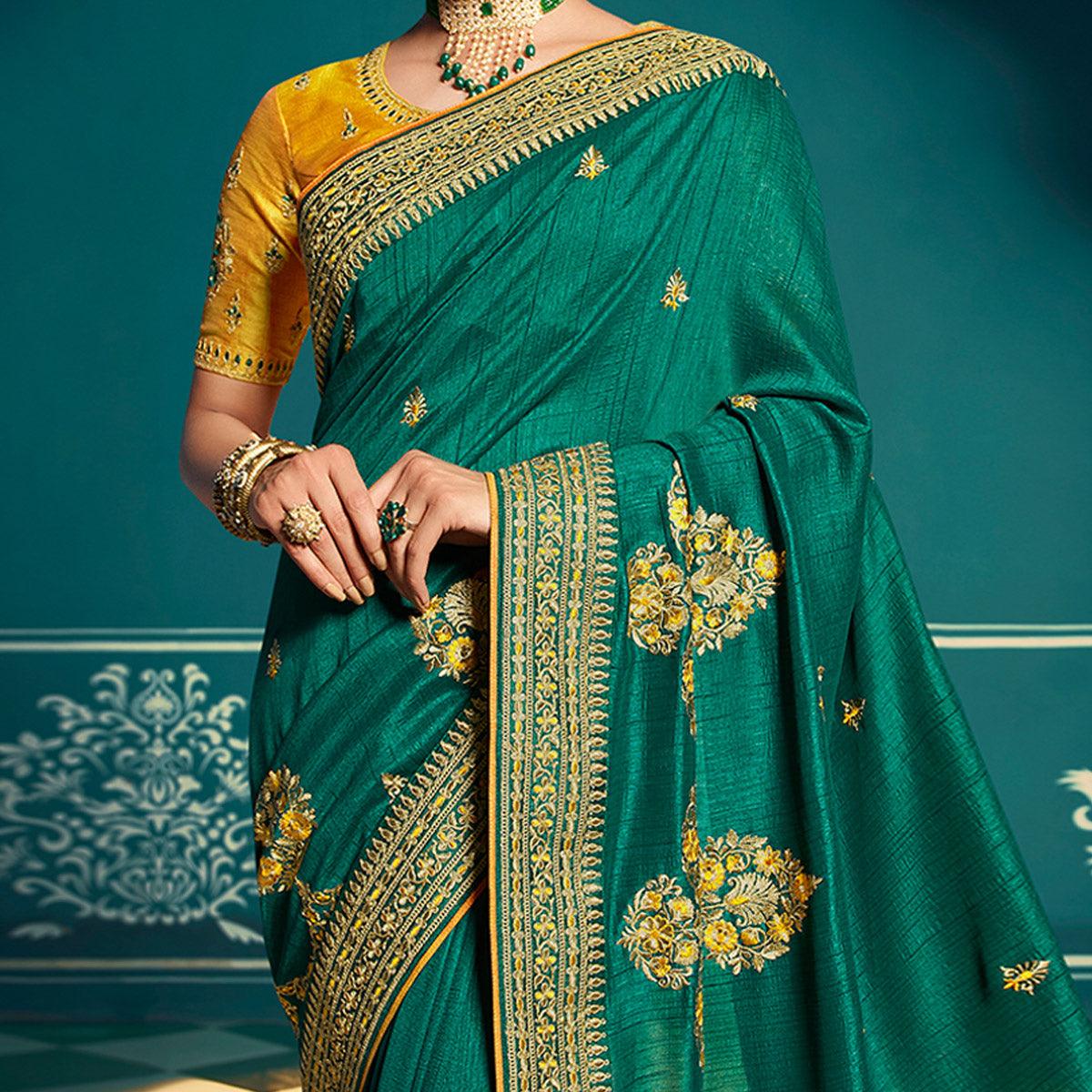 Green Festive Wear Embroidered Silk Saree - Peachmode