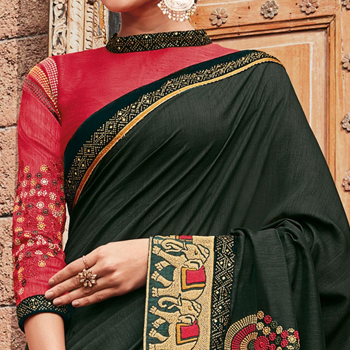 Green Festive Wear Embroidered Silk Saree - Peachmode