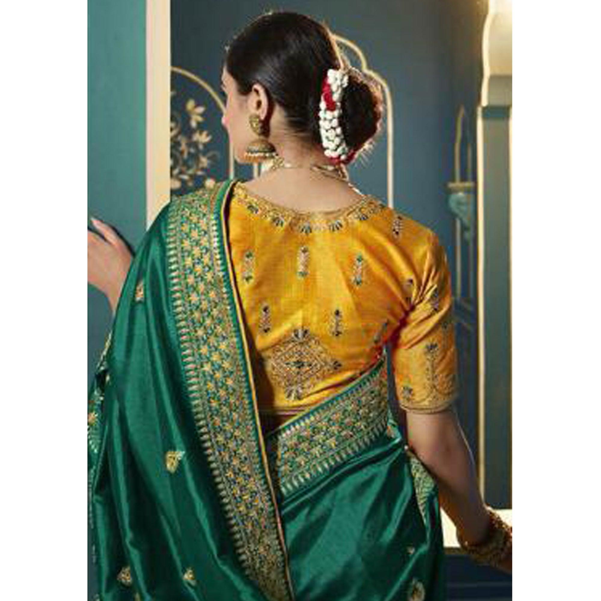 Green Festive Wear Embroidered Silk Saree - Peachmode