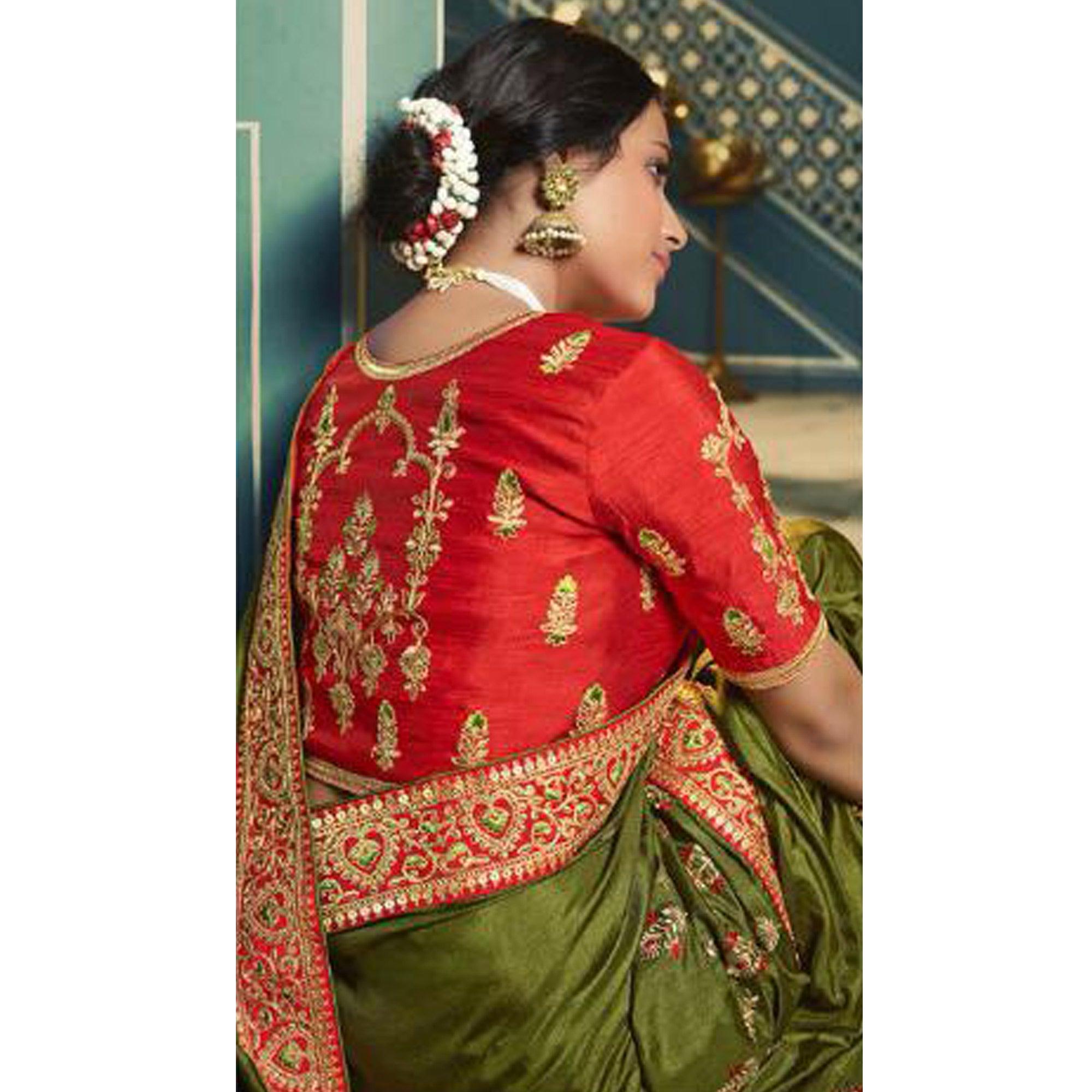 Green Festive Wear Embroidered Silk Saree - Peachmode