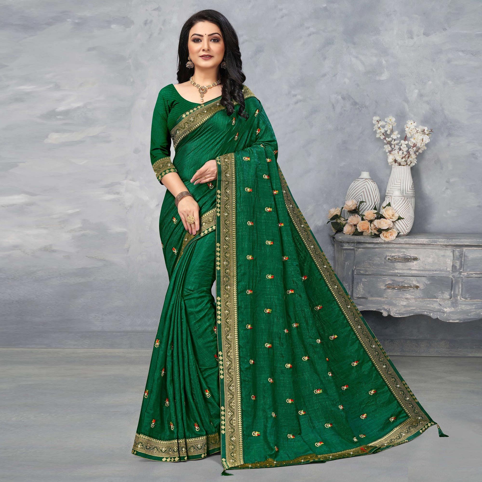 Green Festive Wear Embroidered Vichitra Silk Sare - Peachmode