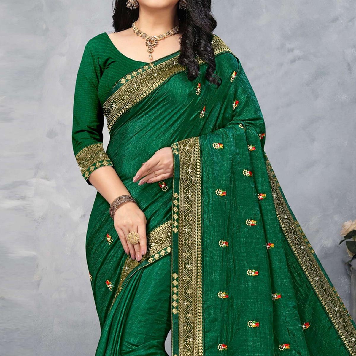 Green Festive Wear Embroidered Vichitra Silk Sare - Peachmode