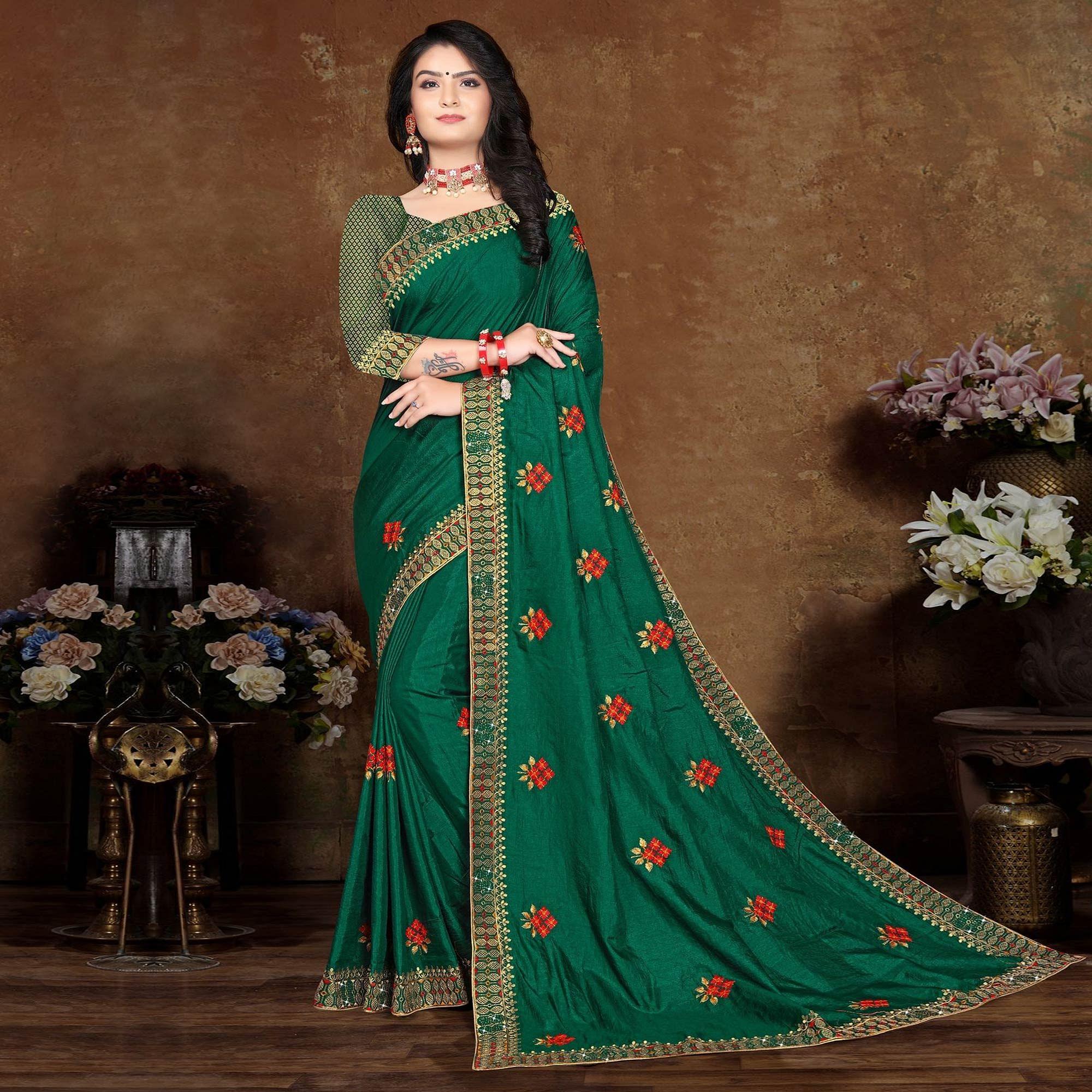 Green Festive Wear Embroidered Vichitra Silk Saree - Peachmode