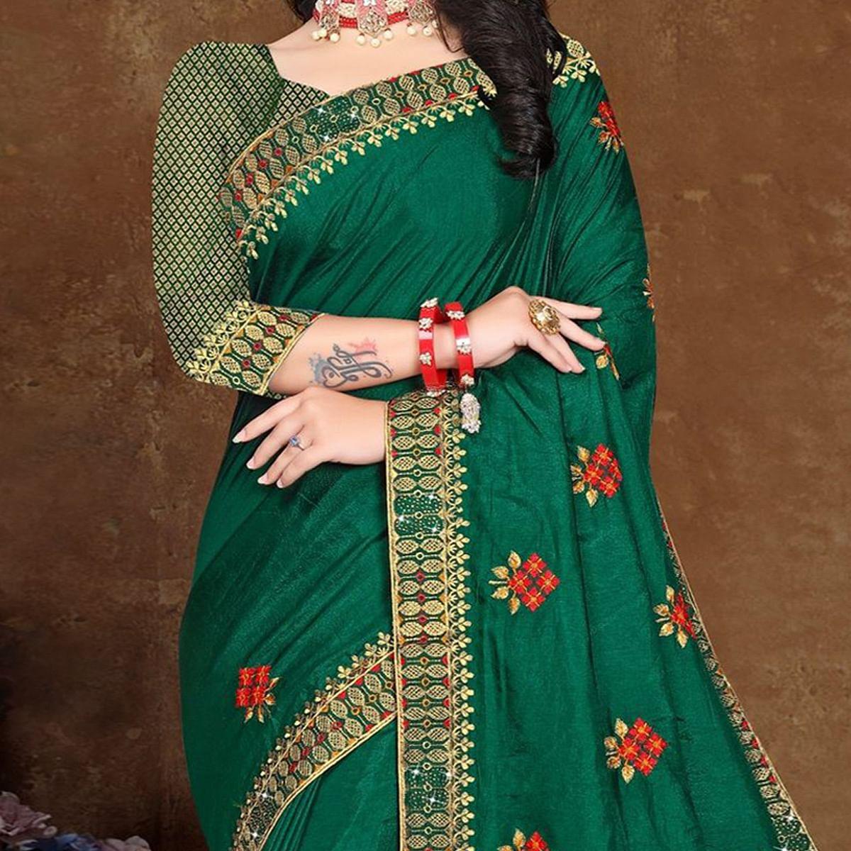 Green Festive Wear Embroidered Vichitra Silk Saree - Peachmode