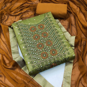 Green Festive Wear Embroidered With Embellished Chanderi Dress Material - Peachmode