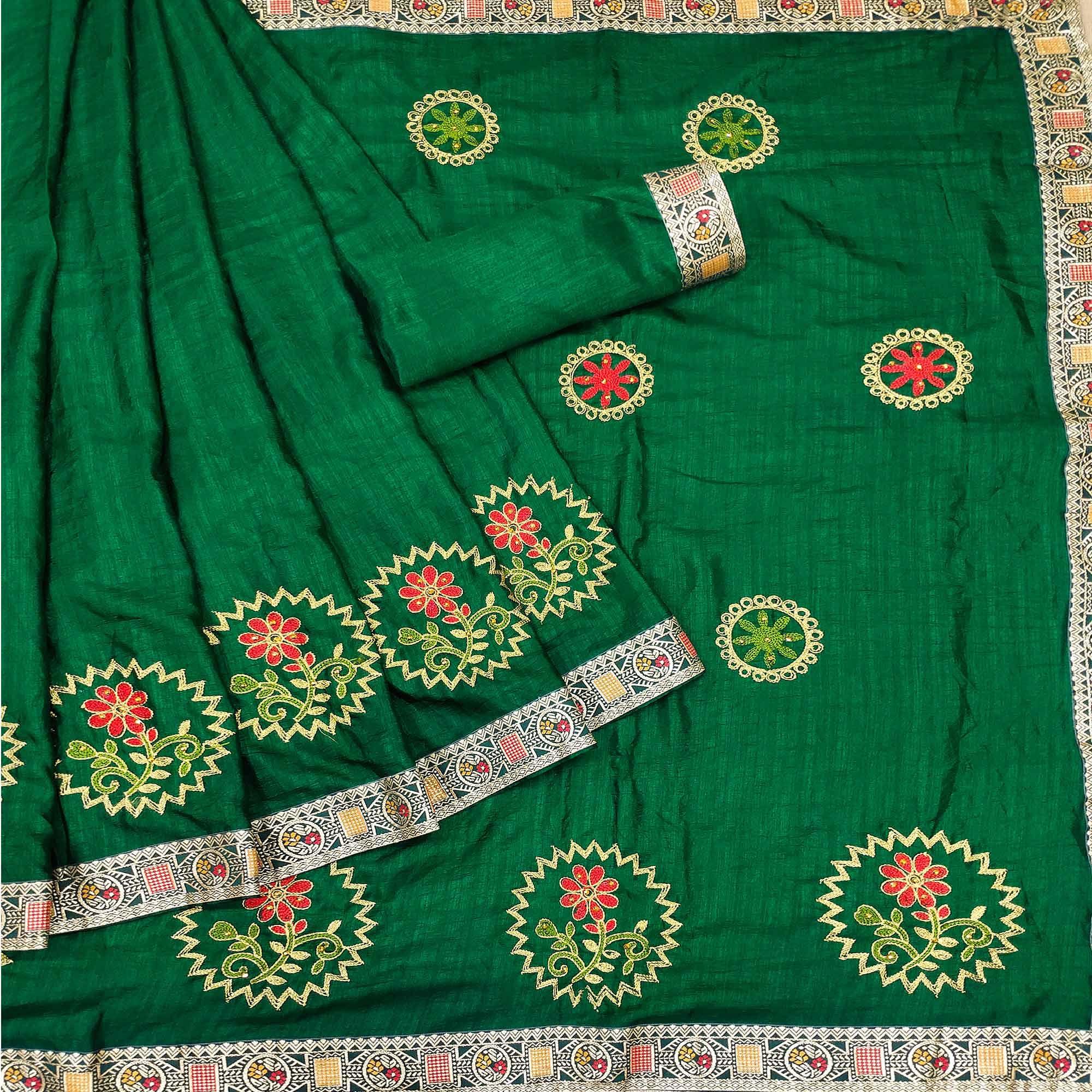 Green Festive Wear Embroidered With Embellished Vichitra Silk Saree - Peachmode