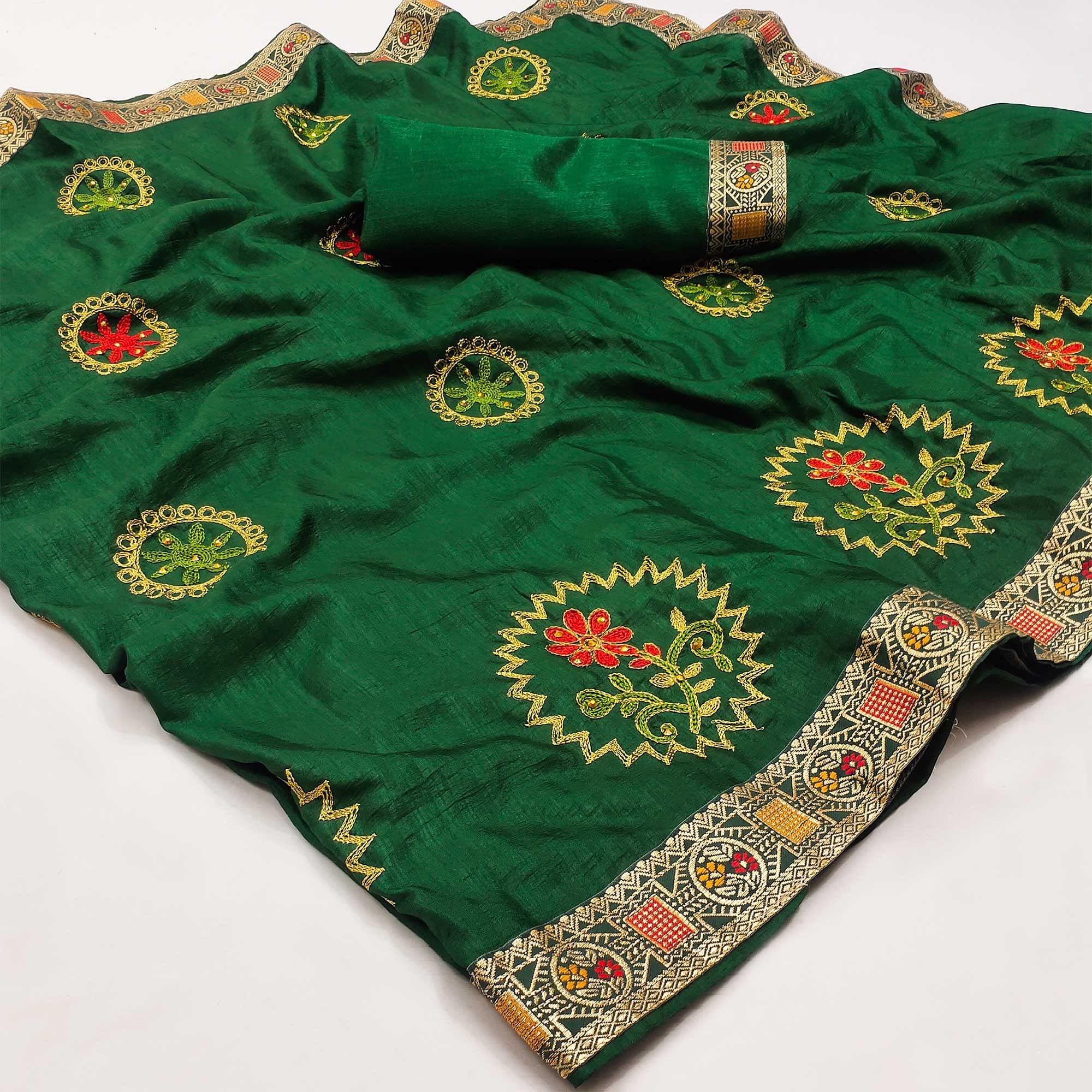 Green Festive Wear Embroidered With Embellished Vichitra Silk Saree - Peachmode