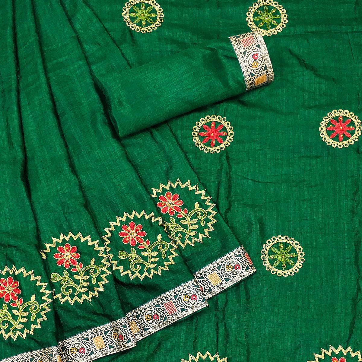 Green Festive Wear Embroidered With Embellished Vichitra Silk Saree - Peachmode