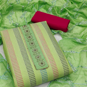 Green Festive Wear Embroidery With Embellished Cotton Dress Material - Peachmode