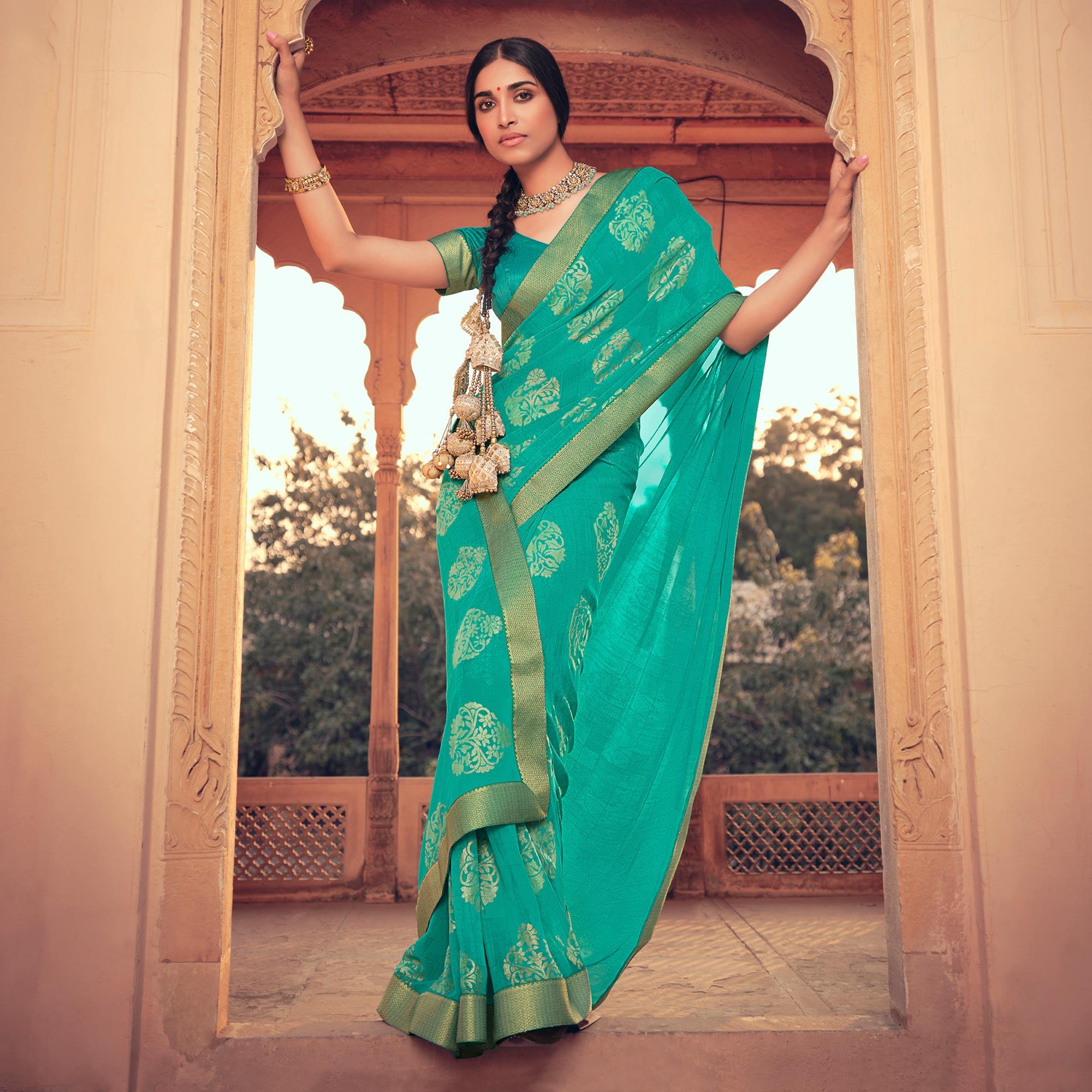 Green Festive Wear Fancy Smoke Printed Georgette Saree Fancy Lace - Peachmode