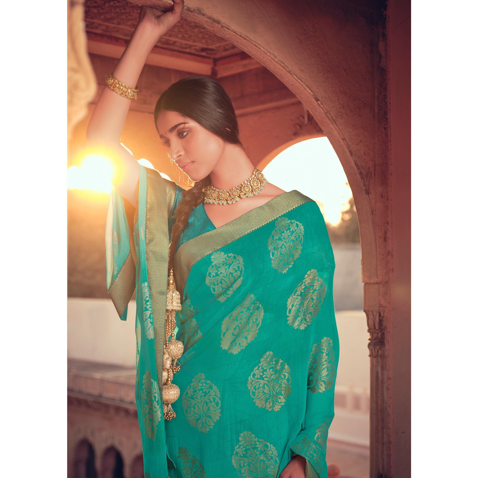 Green Festive Wear Fancy Smoke Printed Georgette Saree Fancy Lace - Peachmode