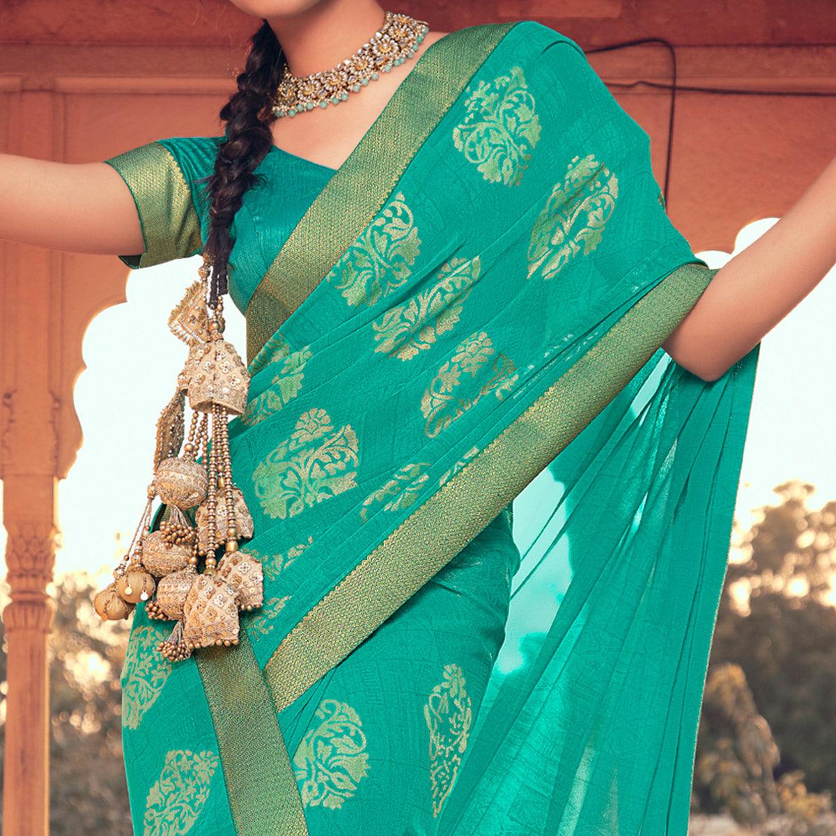 Green Festive Wear Fancy Smoke Printed Georgette Saree Fancy Lace - Peachmode