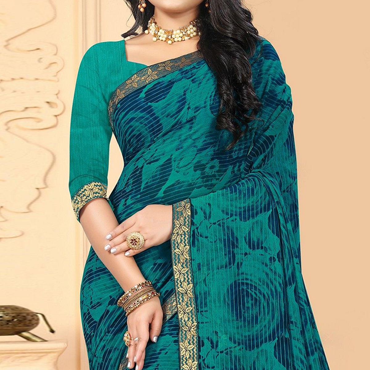 Green Festive Wear Floral & Stripes Printed  Work Georgette Designer Saree - Peachmode