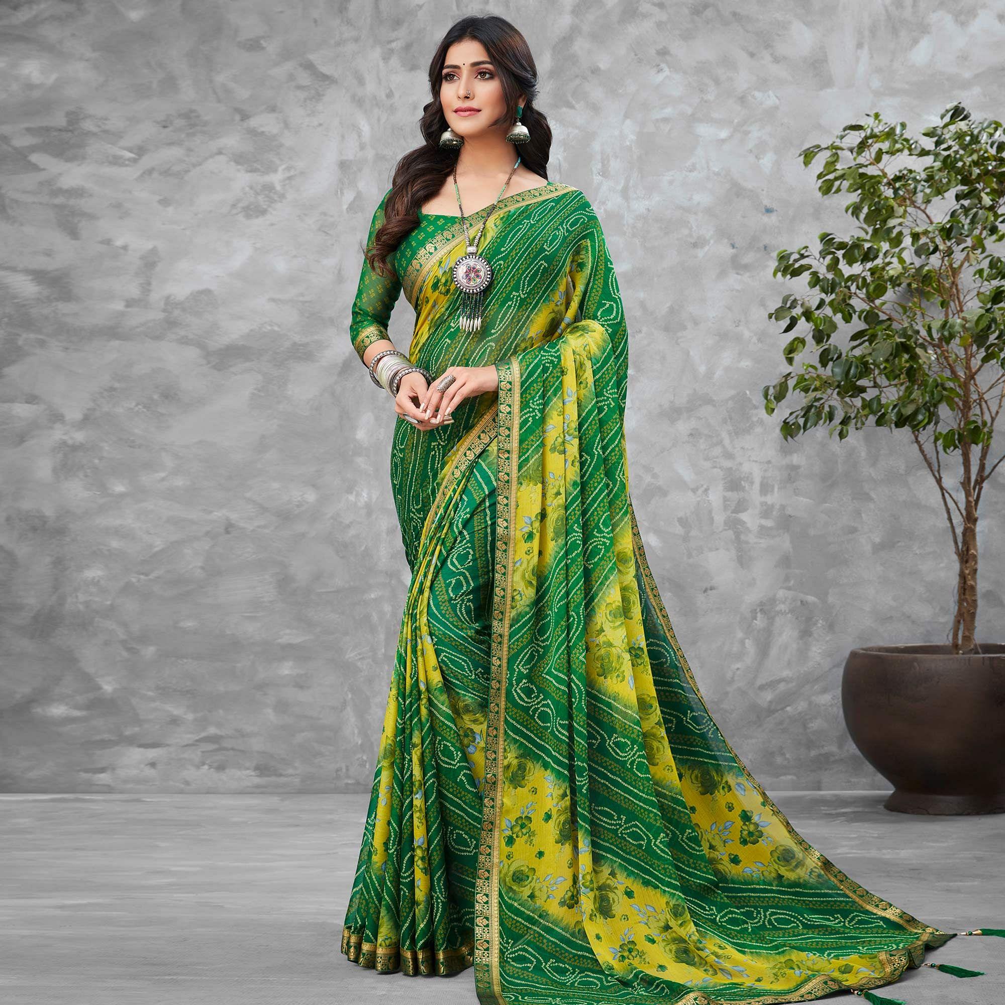 Green Festive Wear Floral Bandhani Printed Chiffon Saree - Peachmode