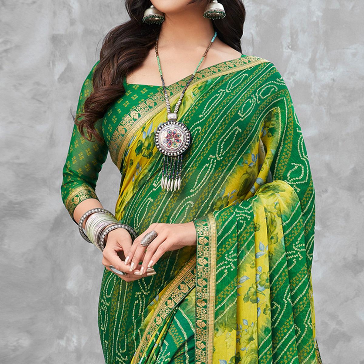 Green Festive Wear Floral Bandhani Printed Chiffon Saree - Peachmode