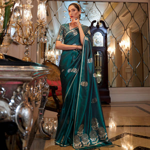 Green Festive Wear Floral Designer Woven Pure Satin Silk Saree - Peachmode