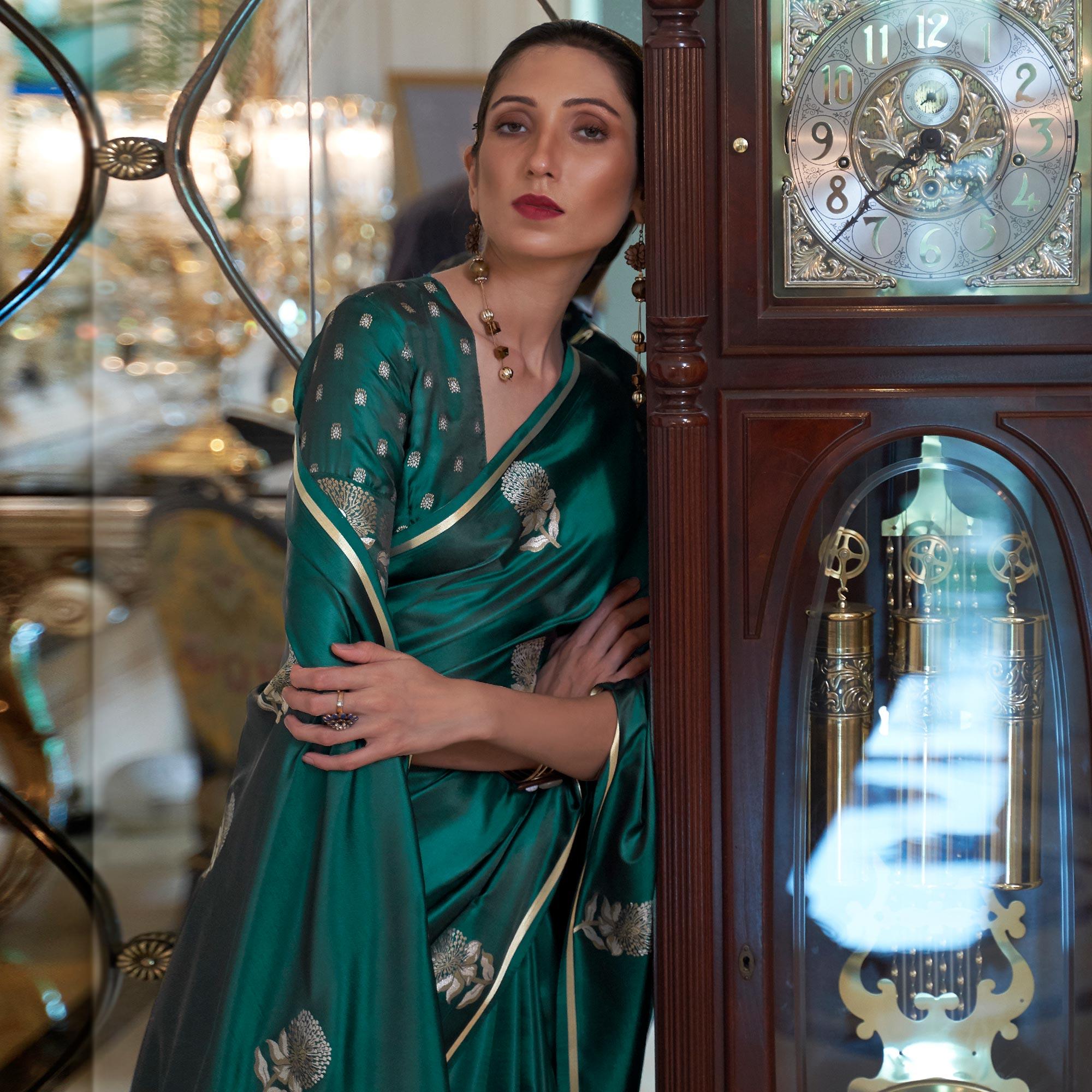 Green Festive Wear Floral Designer Woven Pure Satin Silk Saree - Peachmode