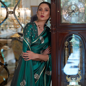 Green Festive Wear Floral Designer Woven Pure Satin Silk Saree - Peachmode