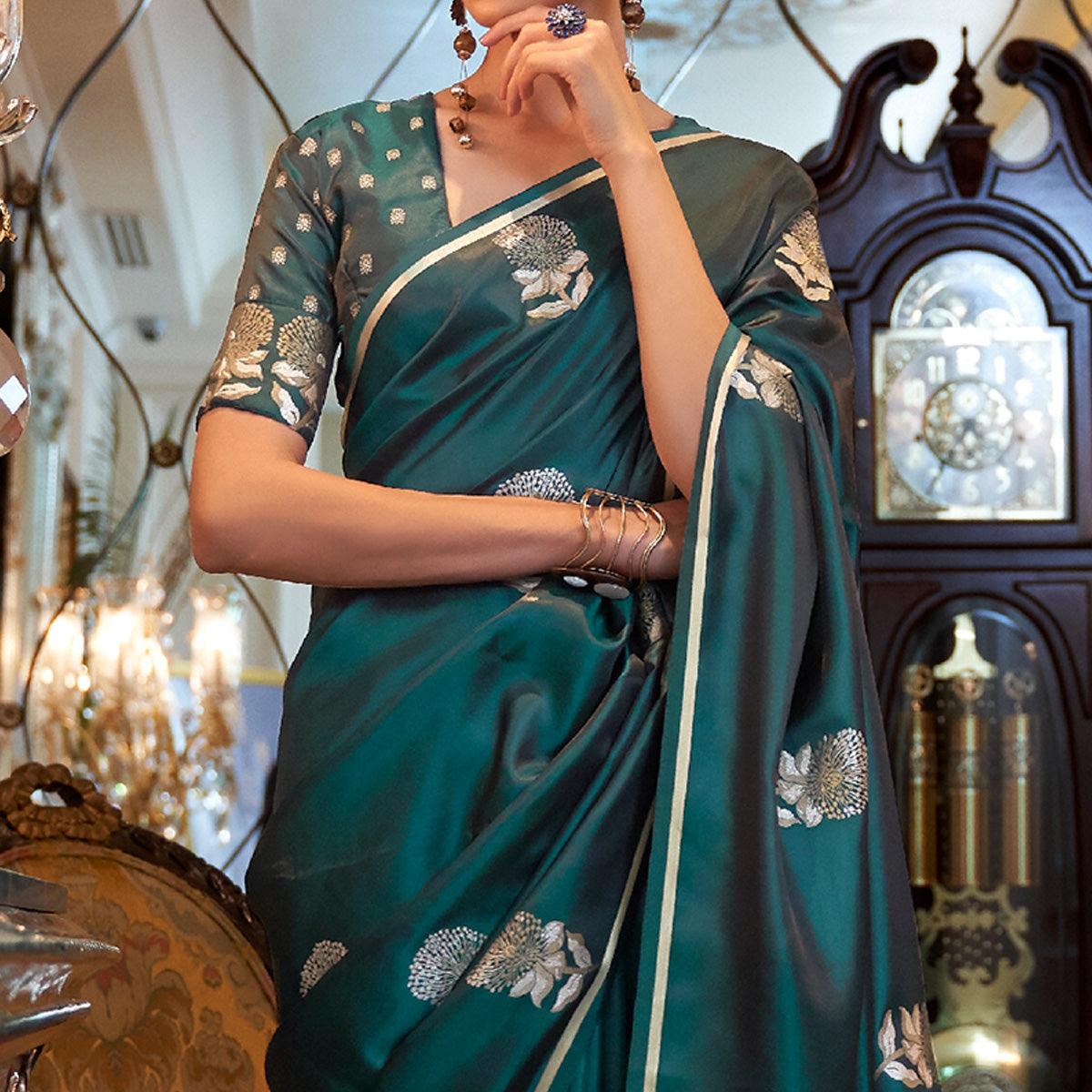Green Festive Wear Floral Designer Woven Pure Satin Silk Saree - Peachmode