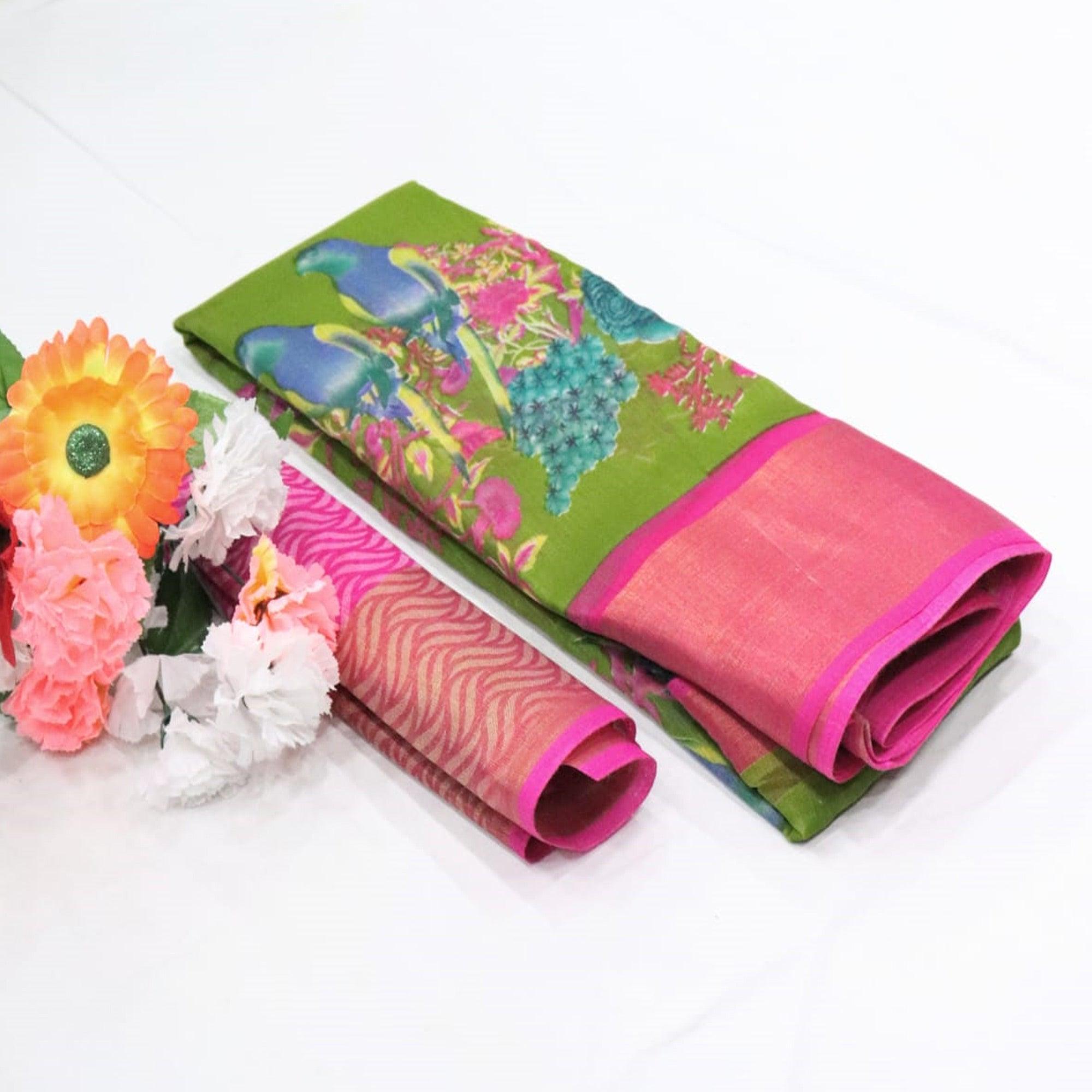 Green Festive Wear Floral Digital Print With Sonakshi Zari Border Cotton Saree - Peachmode