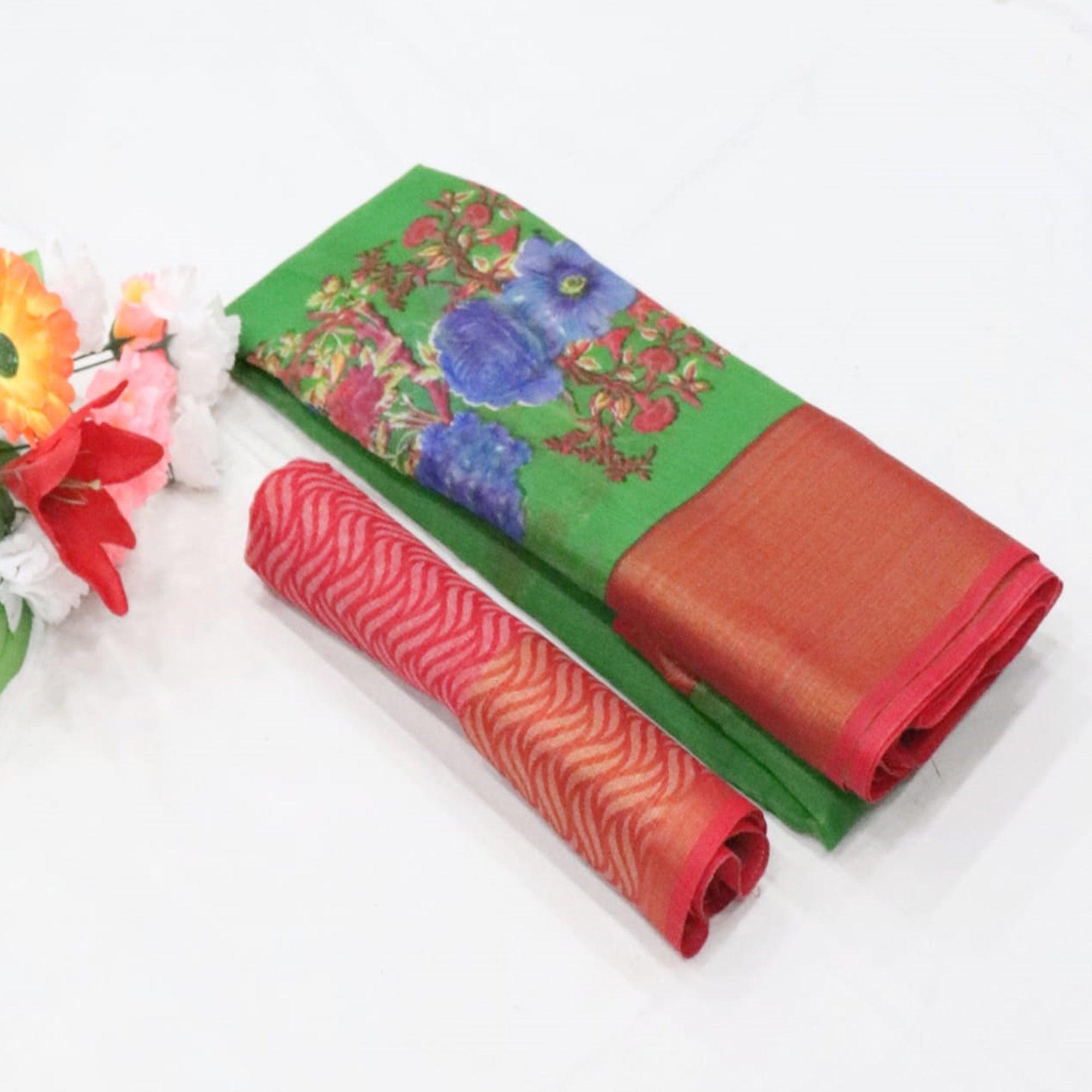 Green Festive Wear Floral Digital Print With Sonakshi Zari Border Cotton Saree - Peachmode
