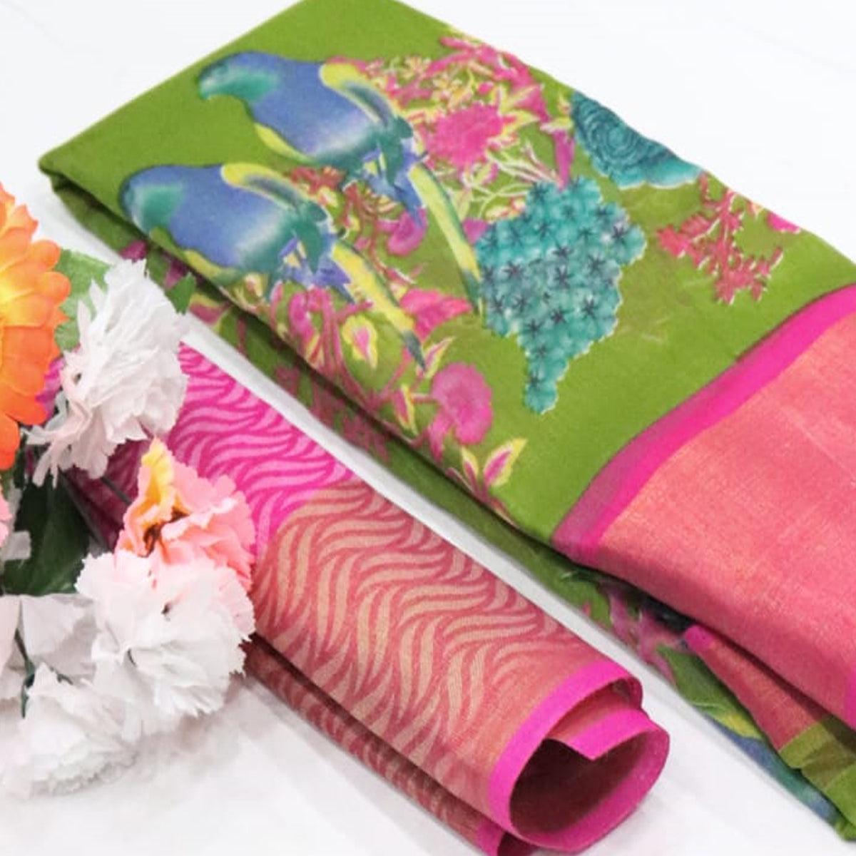 Green Festive Wear Floral Digital Print With Sonakshi Zari Border Cotton Saree - Peachmode