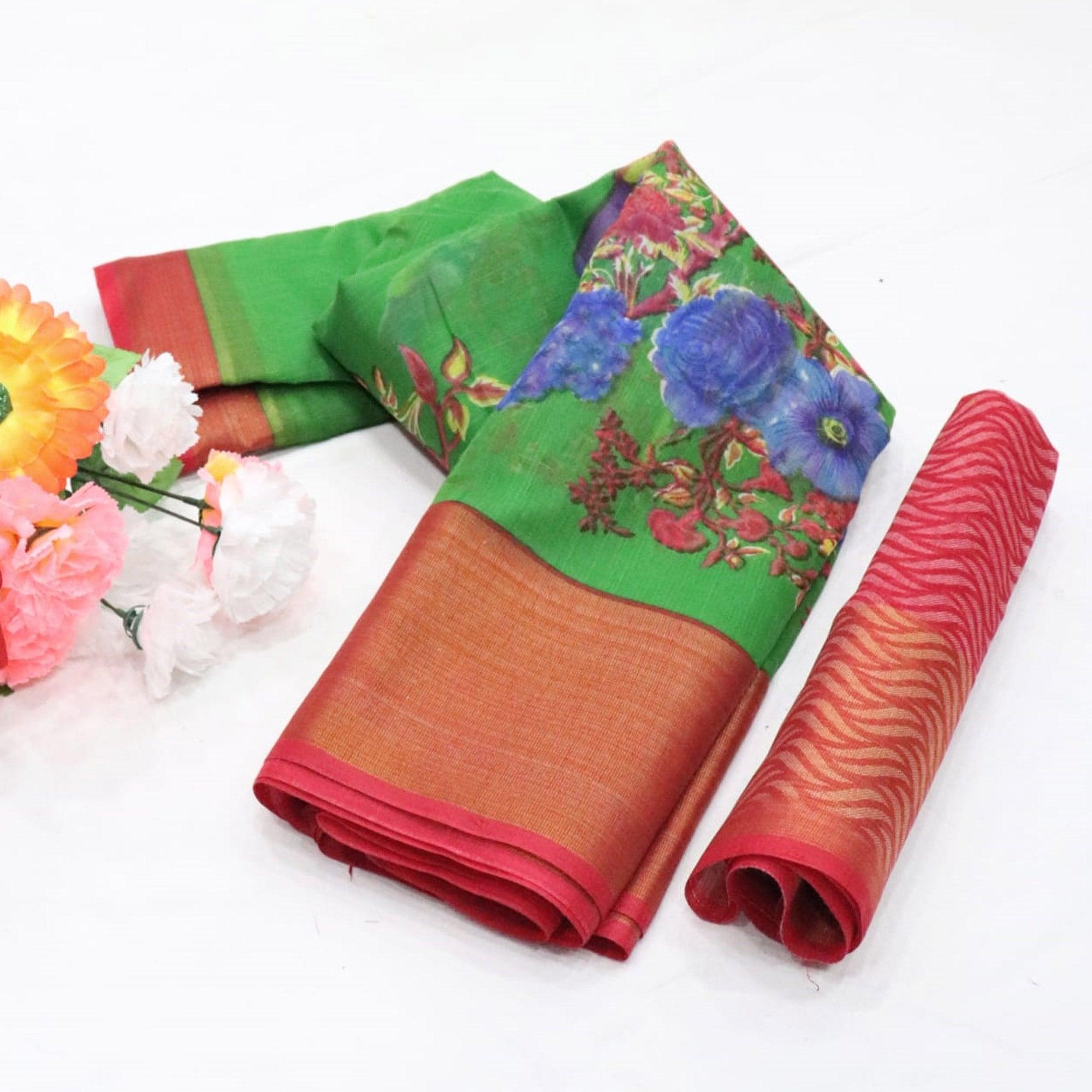 Green Festive Wear Floral Digital Print With Sonakshi Zari Border Cotton Saree - Peachmode