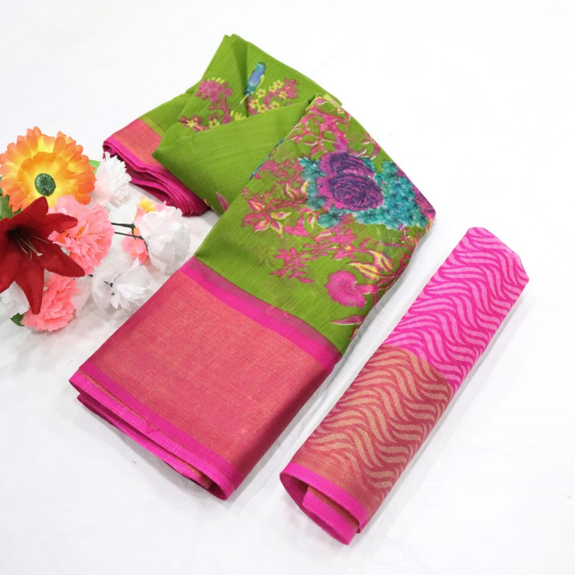 Green Festive Wear Floral Digital Print With Sonakshi Zari Border Cotton Saree - Peachmode
