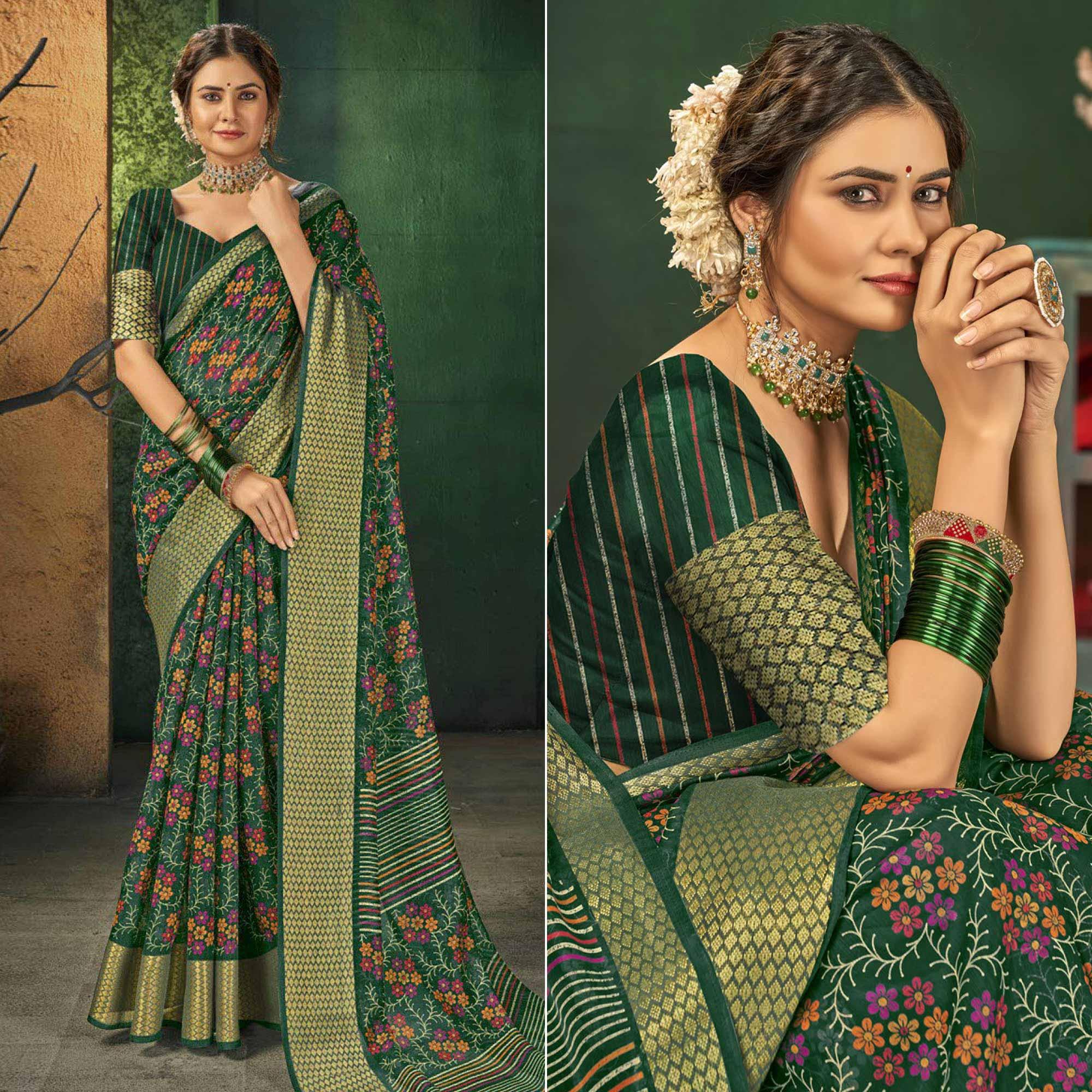 Green Festive Wear Floral Digital Printed Cotton Saree - Peachmode