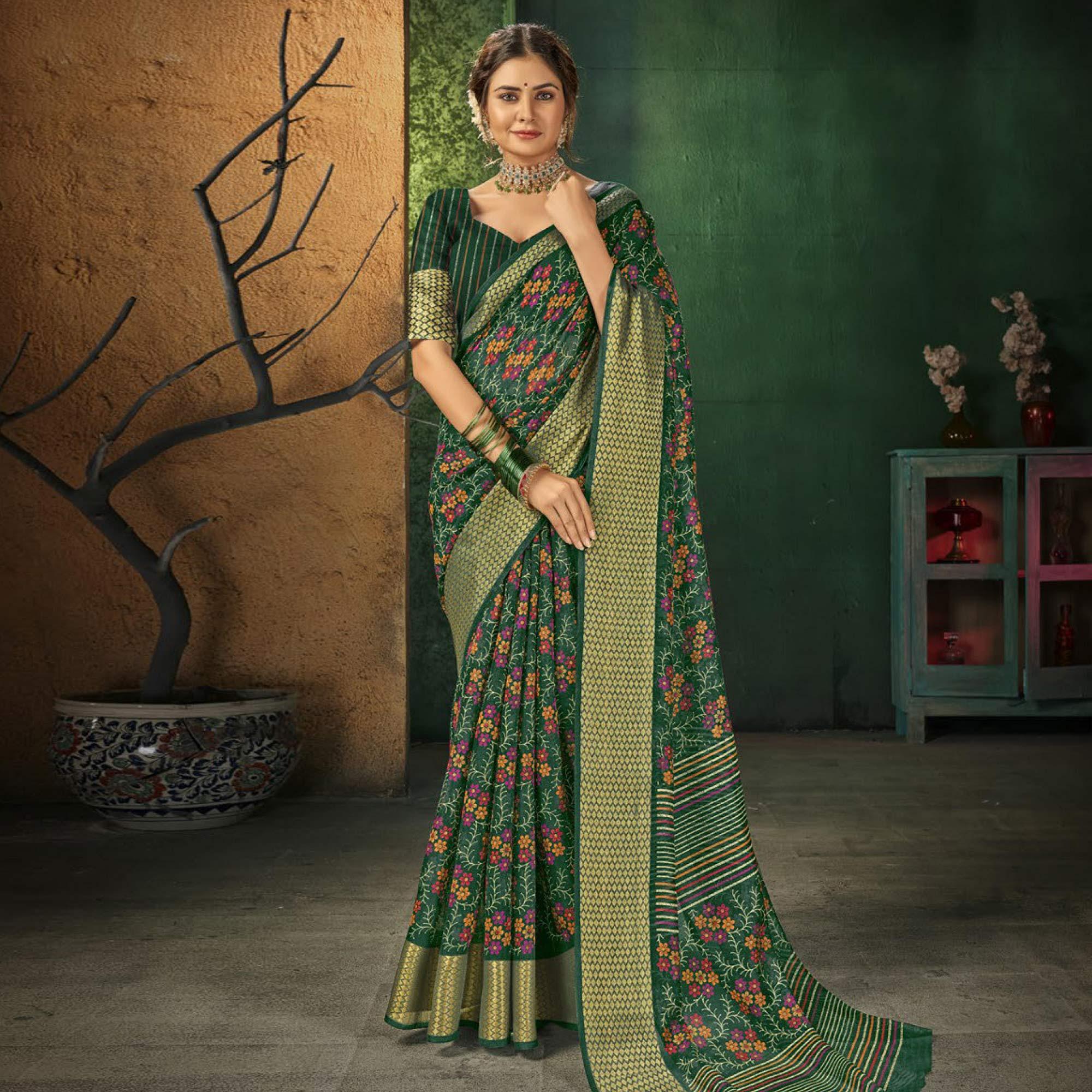 Green Festive Wear Floral Digital Printed Cotton Saree - Peachmode