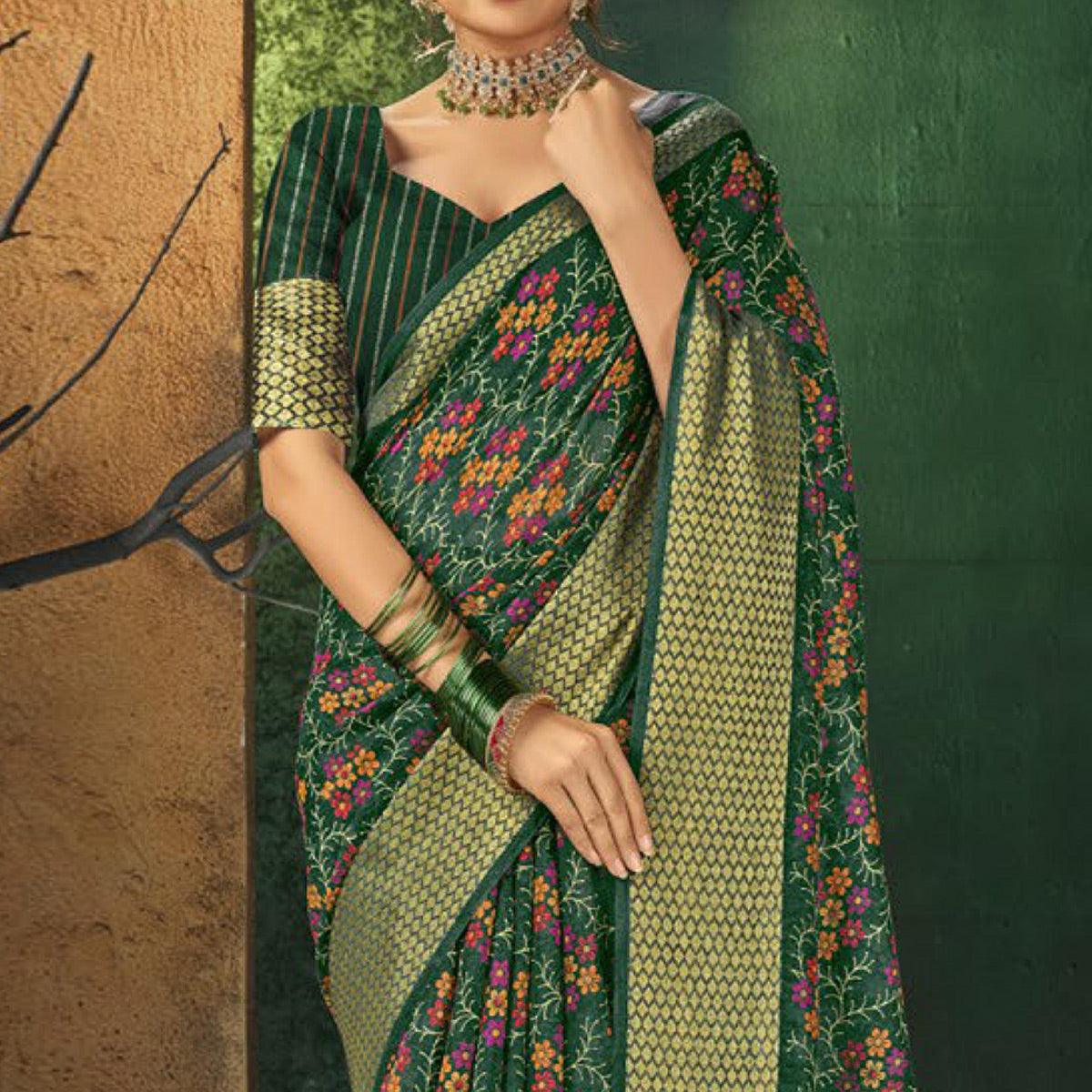 Green Festive Wear Floral Digital Printed Cotton Saree - Peachmode