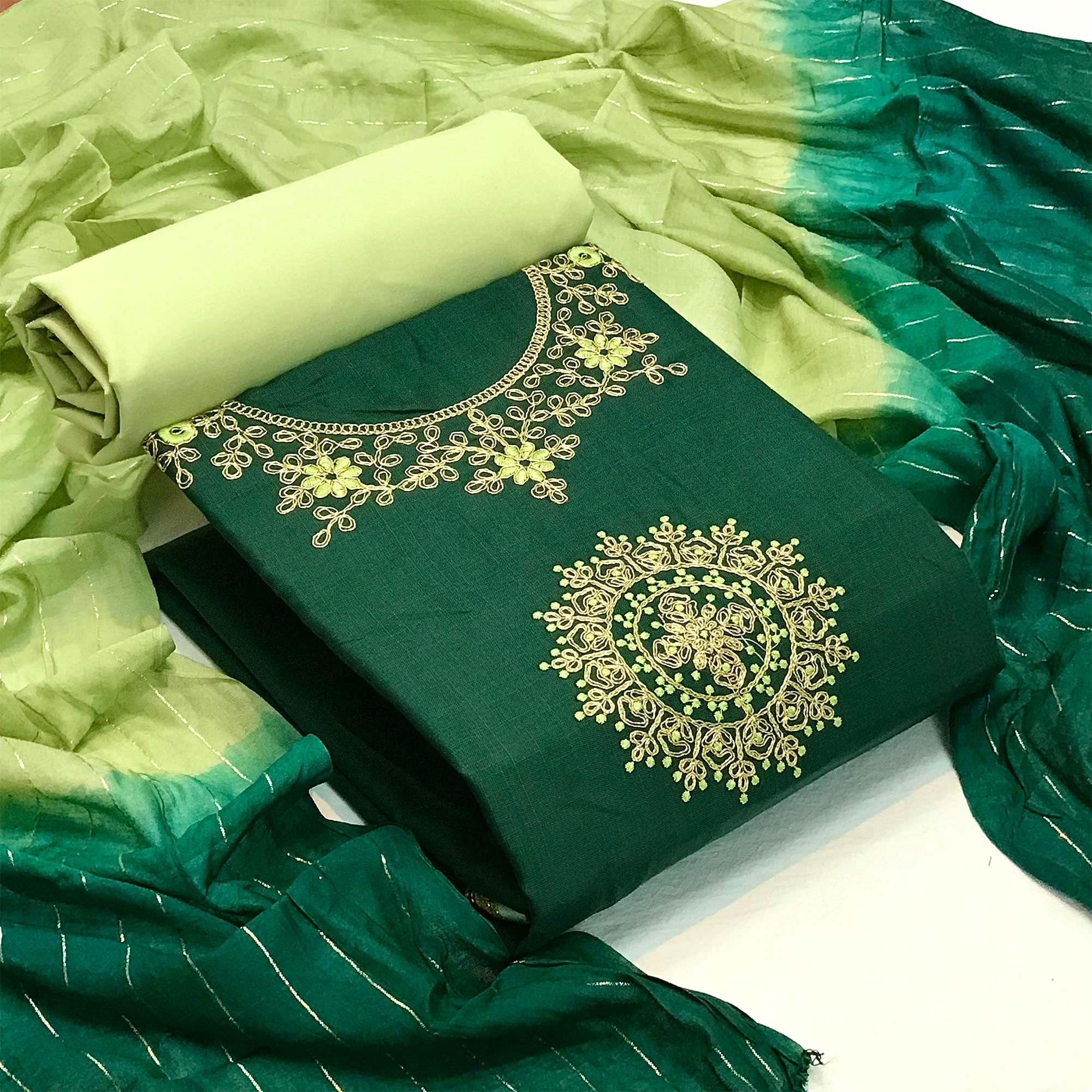 Green Festive Wear Floral Embroidered Cotton Dress Material - Peachmode