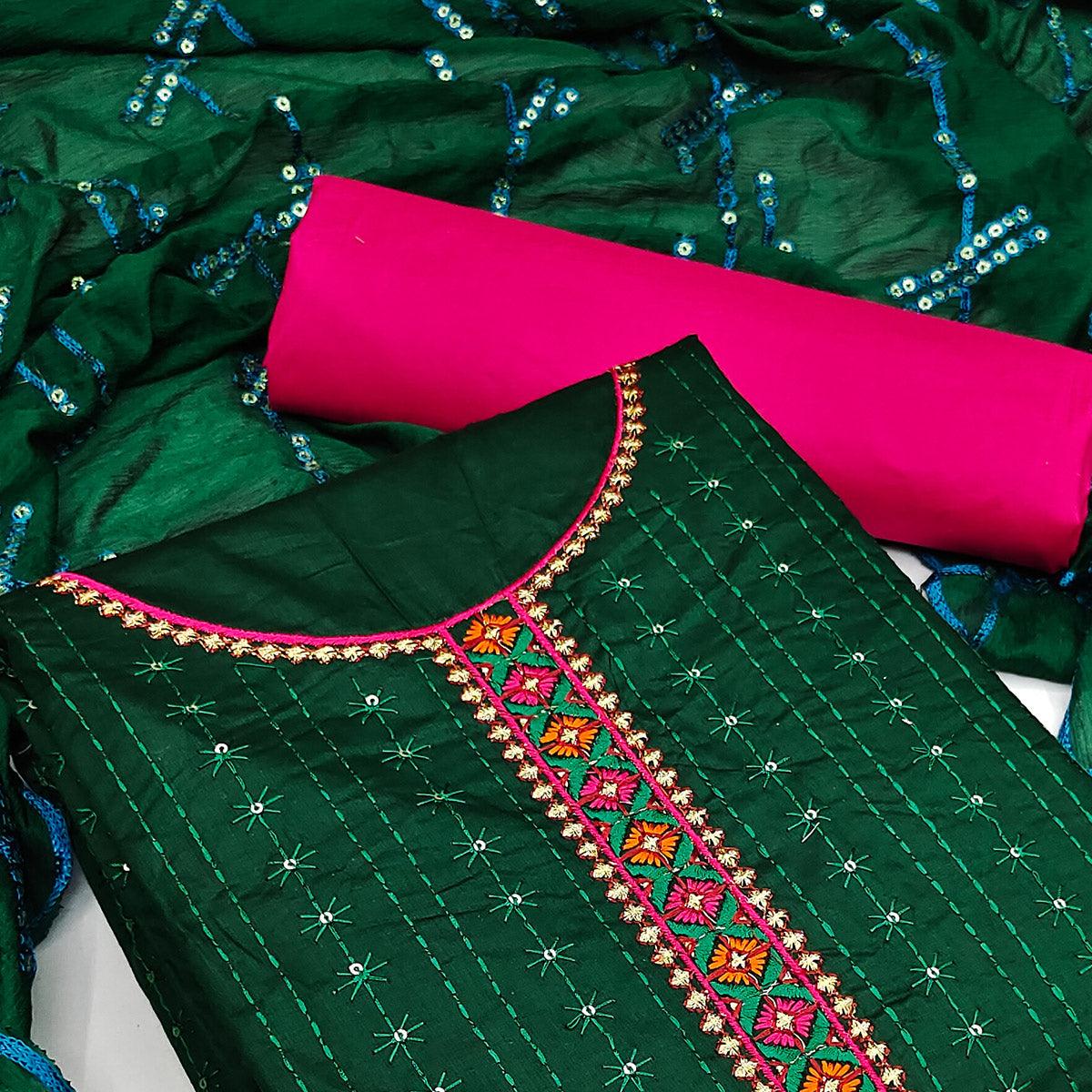 Green Festive Wear Floral Embroidered Cotton Dress Material - Peachmode