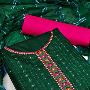 Green Festive Wear Floral Embroidered Cotton Dress Material - Peachmode