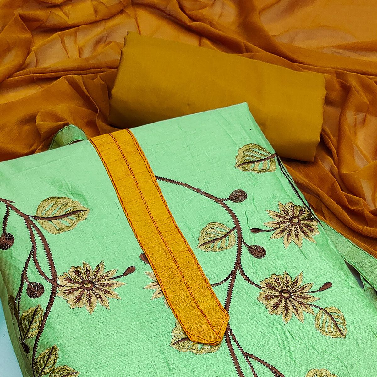 Green Festive Wear Floral Embroidered Cotton Dress Material - Peachmode